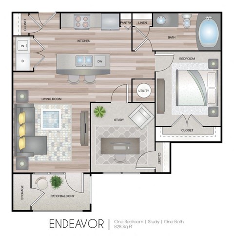 Floor plan for 1 bed, 1 bath, 828 sqft